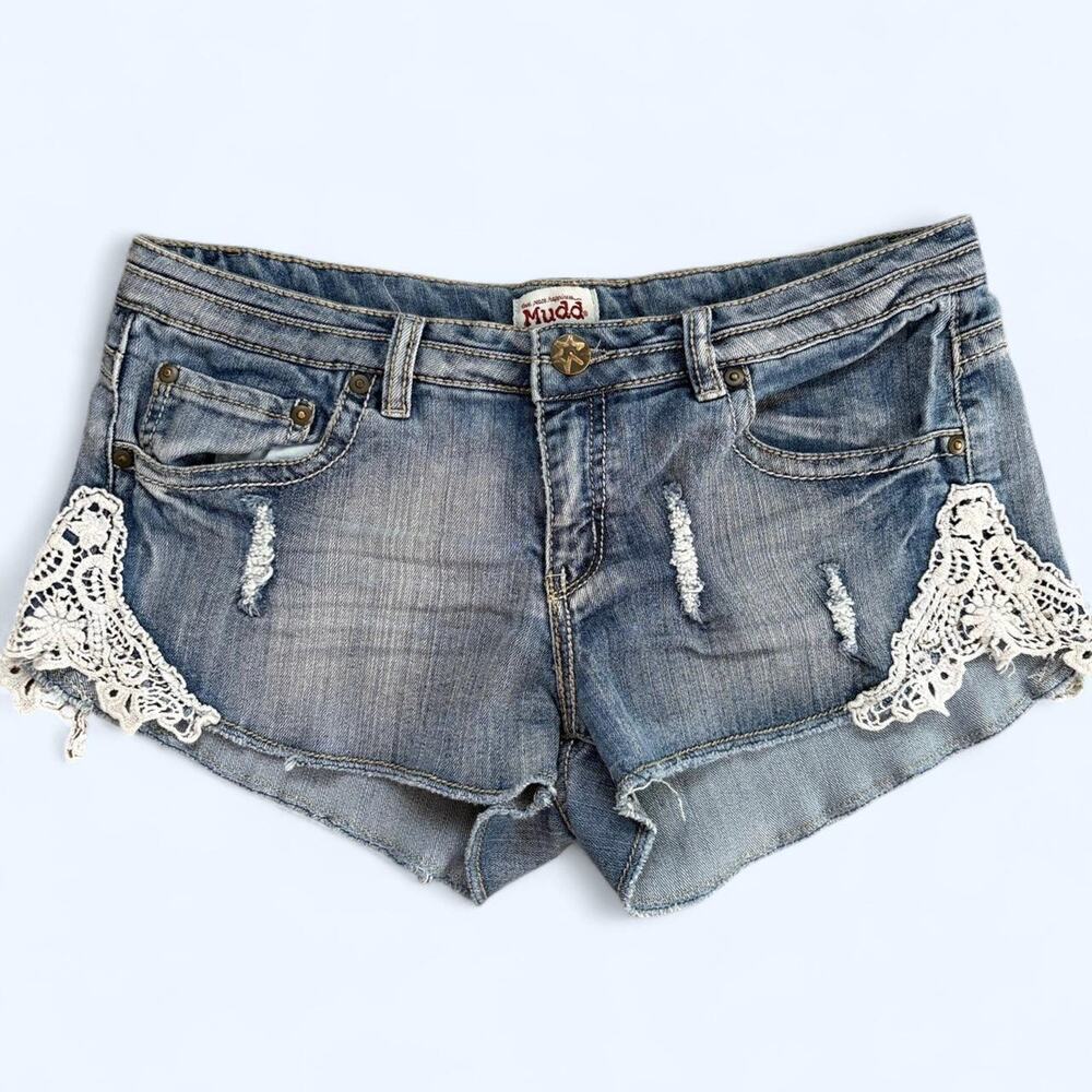 Mudd blue denim shorts with Crochet Details